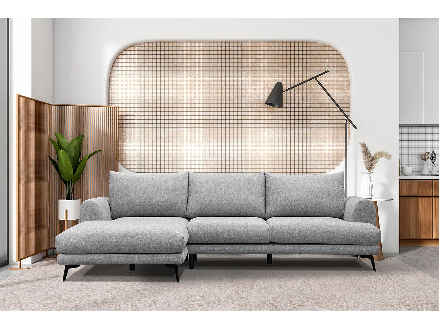 Canapé d'angle gauche 4 places tissu gris clair - ADRIA