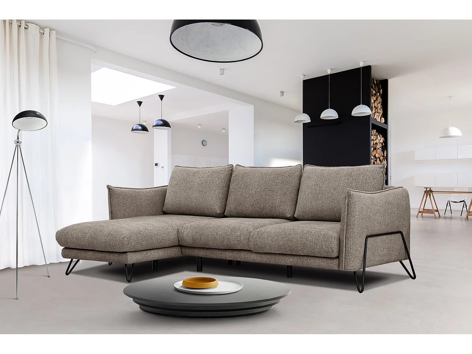 Canapé d'angle gauche 4 places tissu marron clair HOSTEN