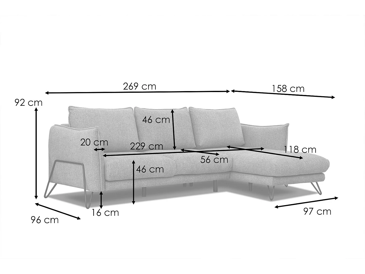 Canapé d'angle droit 4 places tissu écru HOSTEN