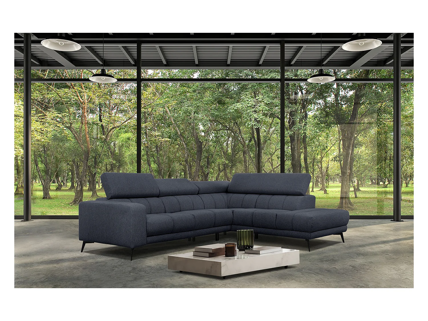 MORELLO Ecksofa 5-Sitzer rechts mit verstellbare Kopfstützen, marineblau