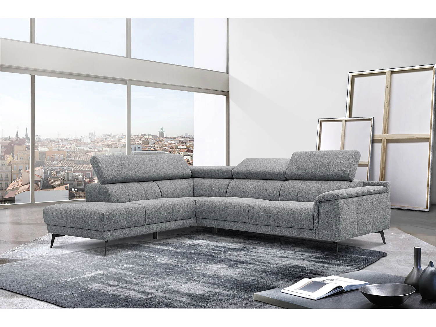 FIERO Ecksofa 5-Sitzer links mit verstellbare Kopfstützen, olive