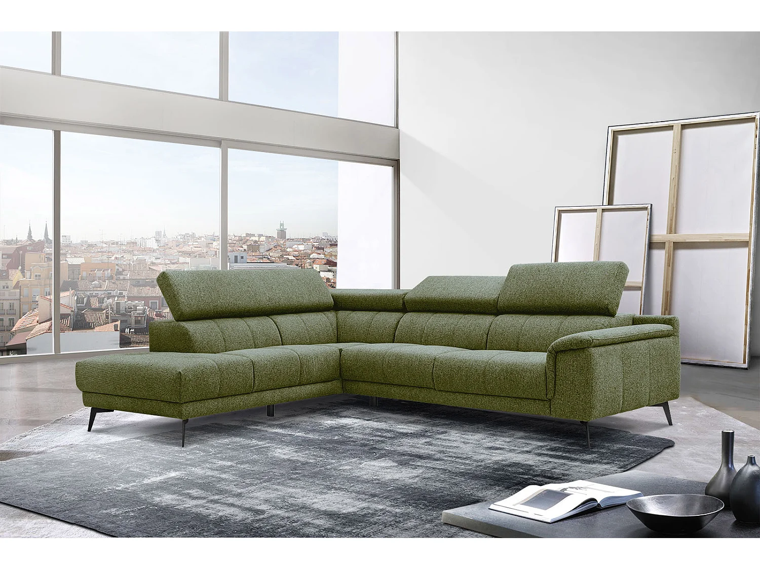 Canapé d'angle gauche 5 places tissu vert foncé - Fiero