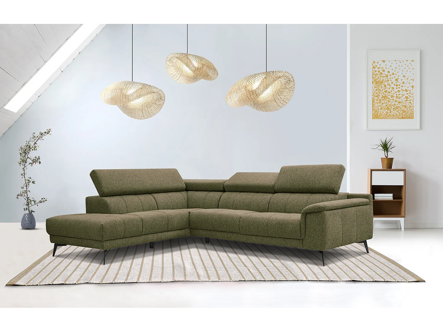 Canapé d'angle gauche 5 places tissu vert foncé - Fiero