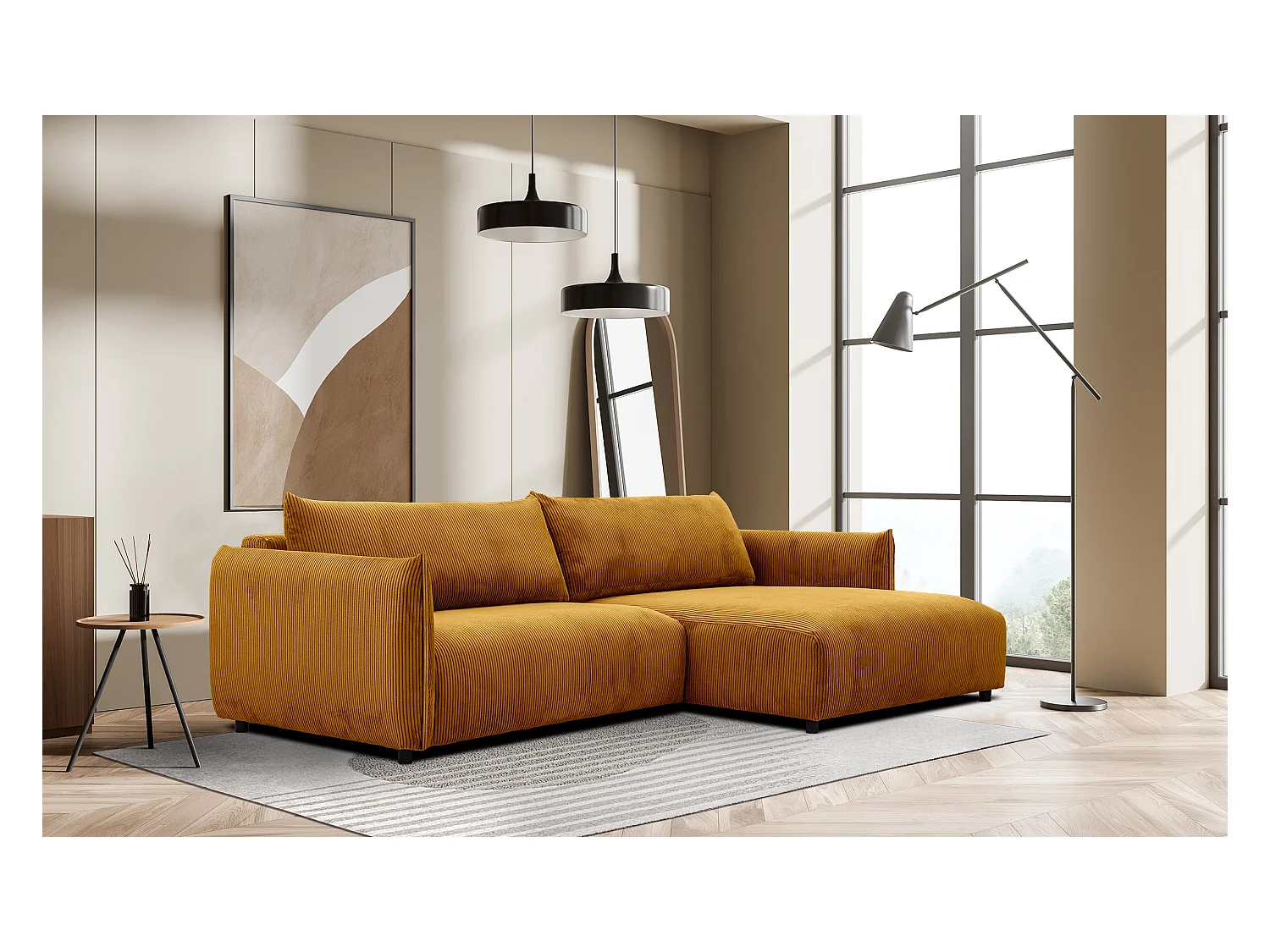 Canapé d'angle droit 4 places tissu safran - TAUER
