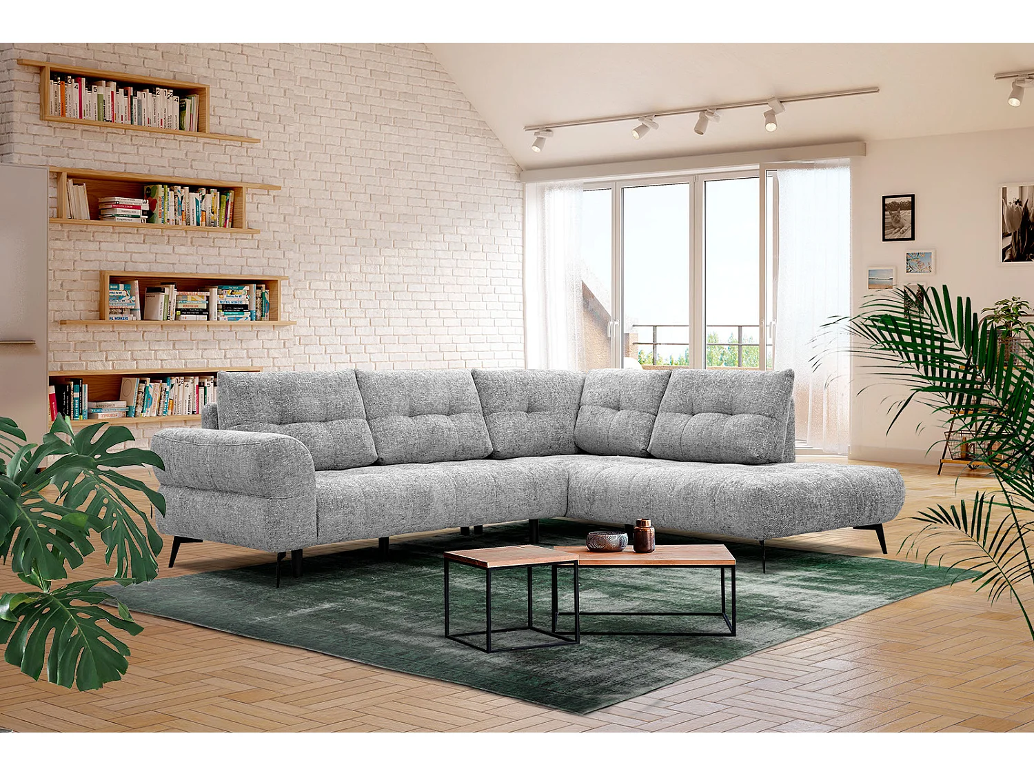 Canapé d'angle droit 5 places tissu gris