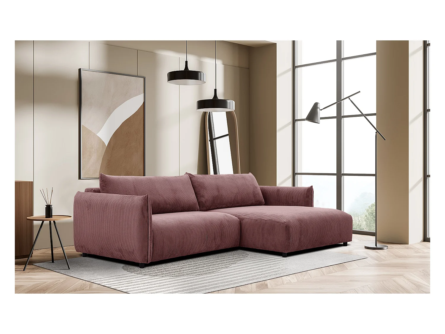 Canapé d'angle droit 4 places tissu vieux rose - TAUER