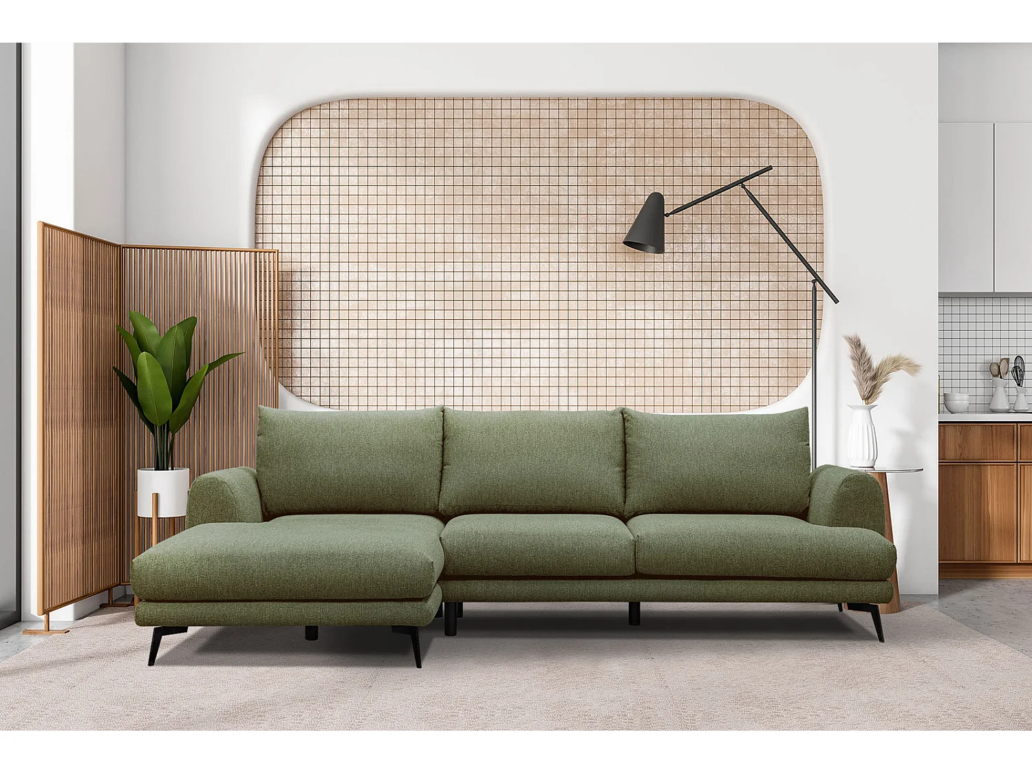 Canapé d'angle gauche 4 places tissu vert - ADRIA