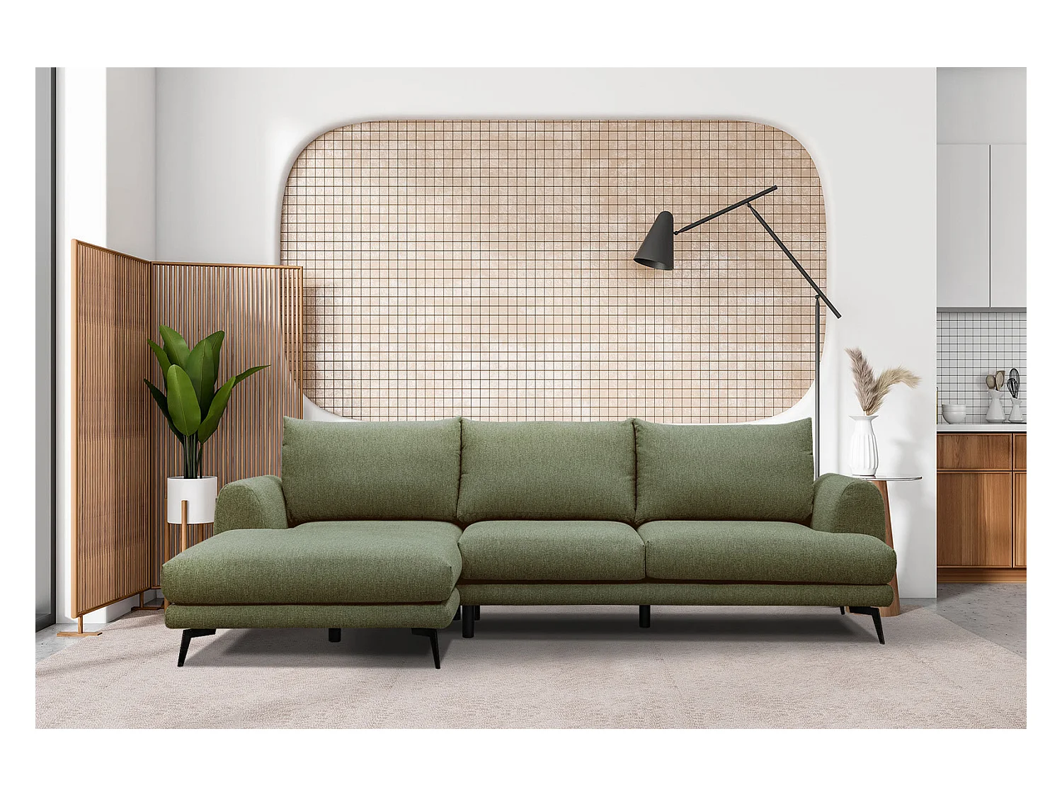 Canapé d'angle gauche 4 places tissu vert - ADRIA