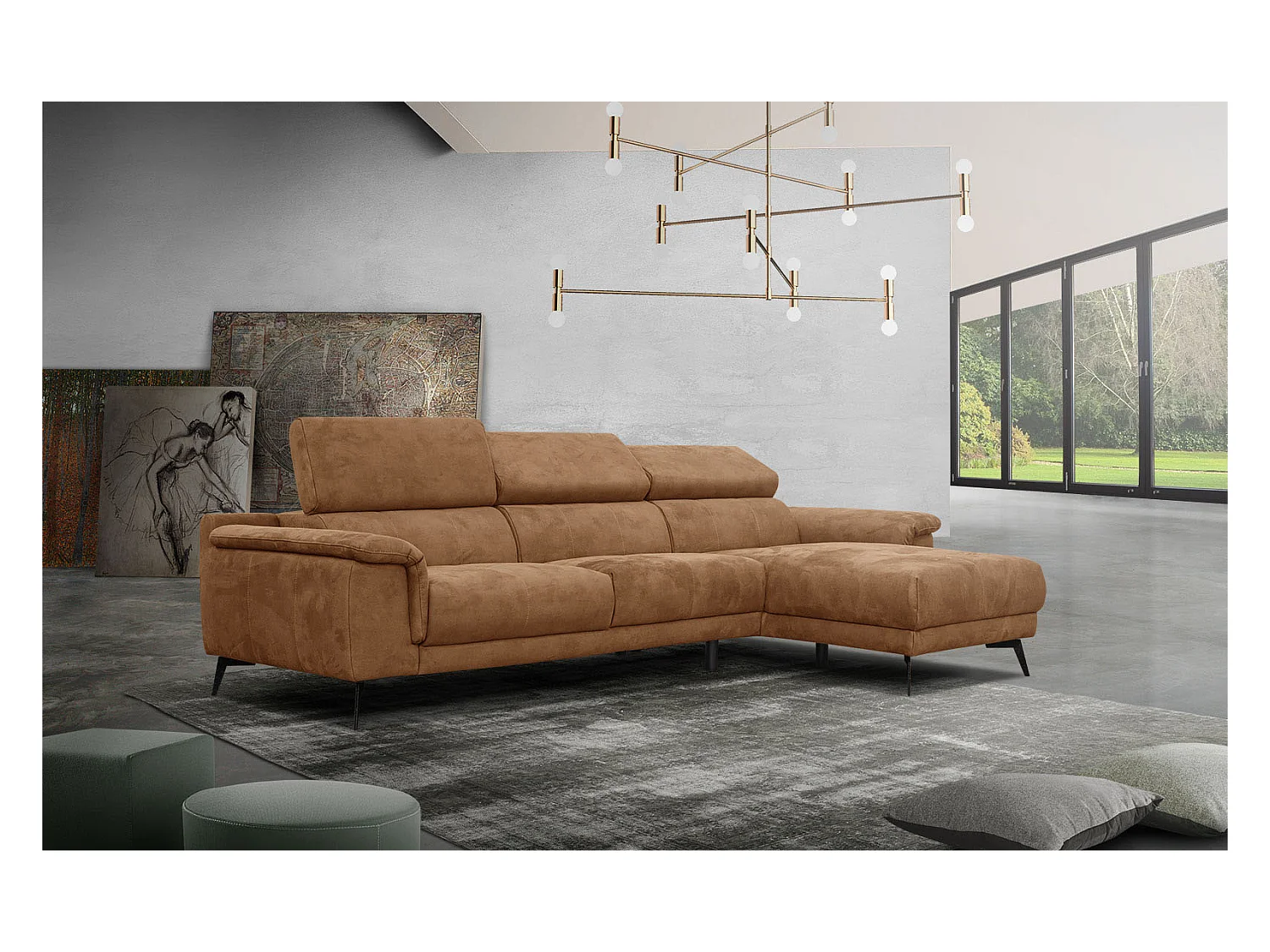 FIERO Ecksofa 4-Sitzer rechts mit verstellbare Kopfstützen, braun