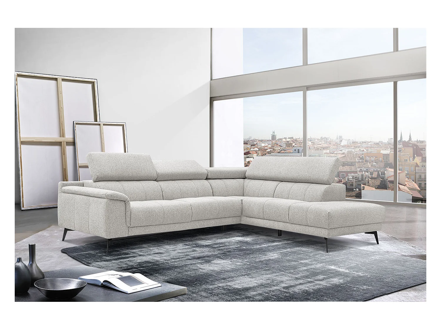 Canapé d'angle droit 5 places tissu beige - Fiero