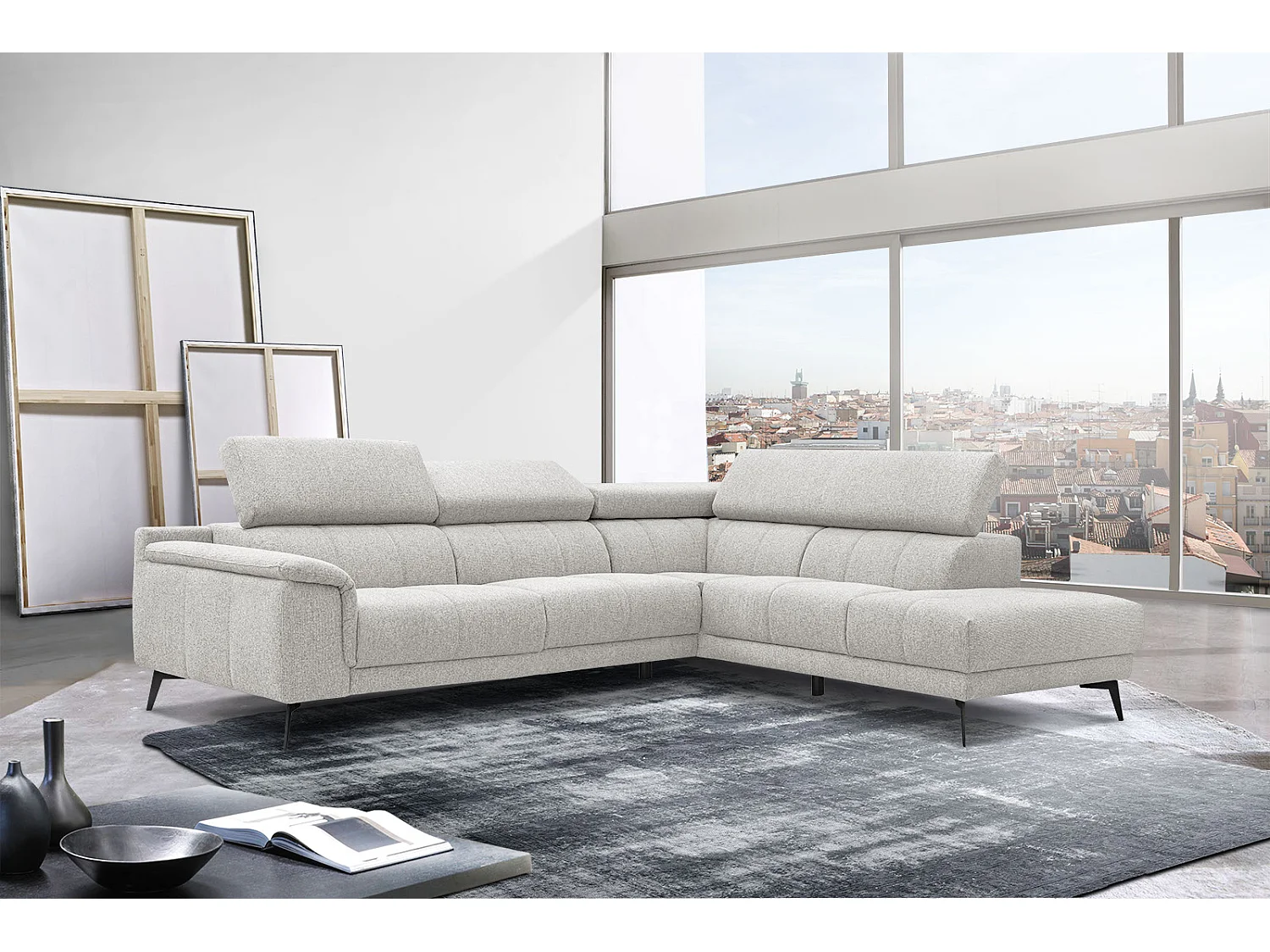 Canapé d'angle droit 5 places tissu beige - Fiero