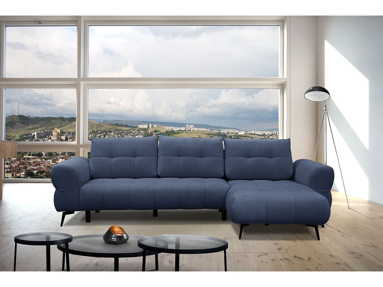 Canapé d'angle droit Salvini 4 places tissu bleu foncé