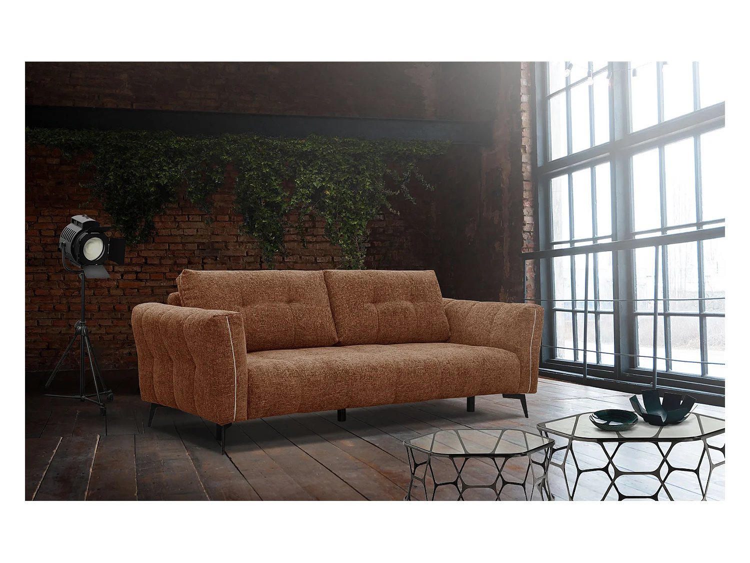 Canapé droit 3 places XXL tissu rouge brique