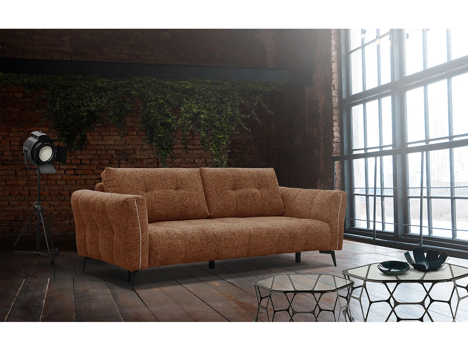 Canapé droit 3 places XXL tissu rouge brique