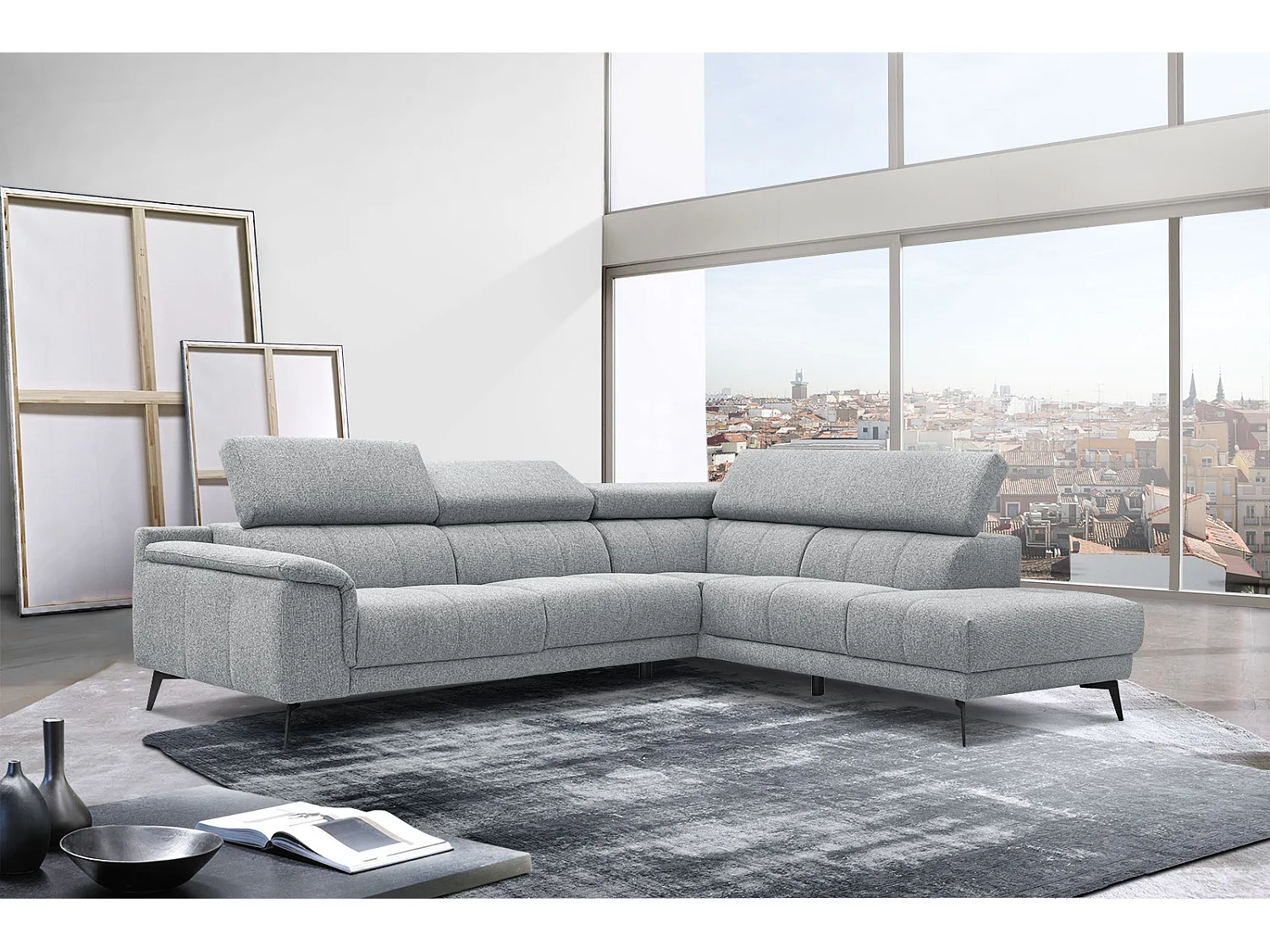 Canapé d'angle droit 5 places tissu gris clair - Fiero