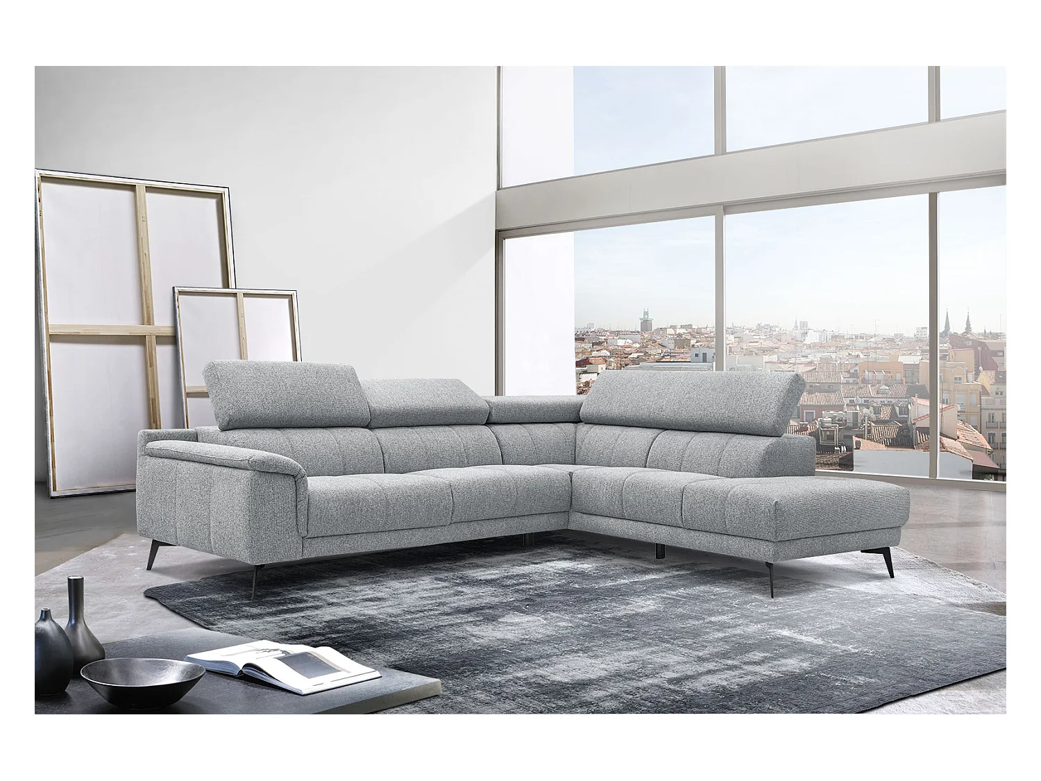 Canapé d'angle droit 5 places tissu gris clair - Fiero