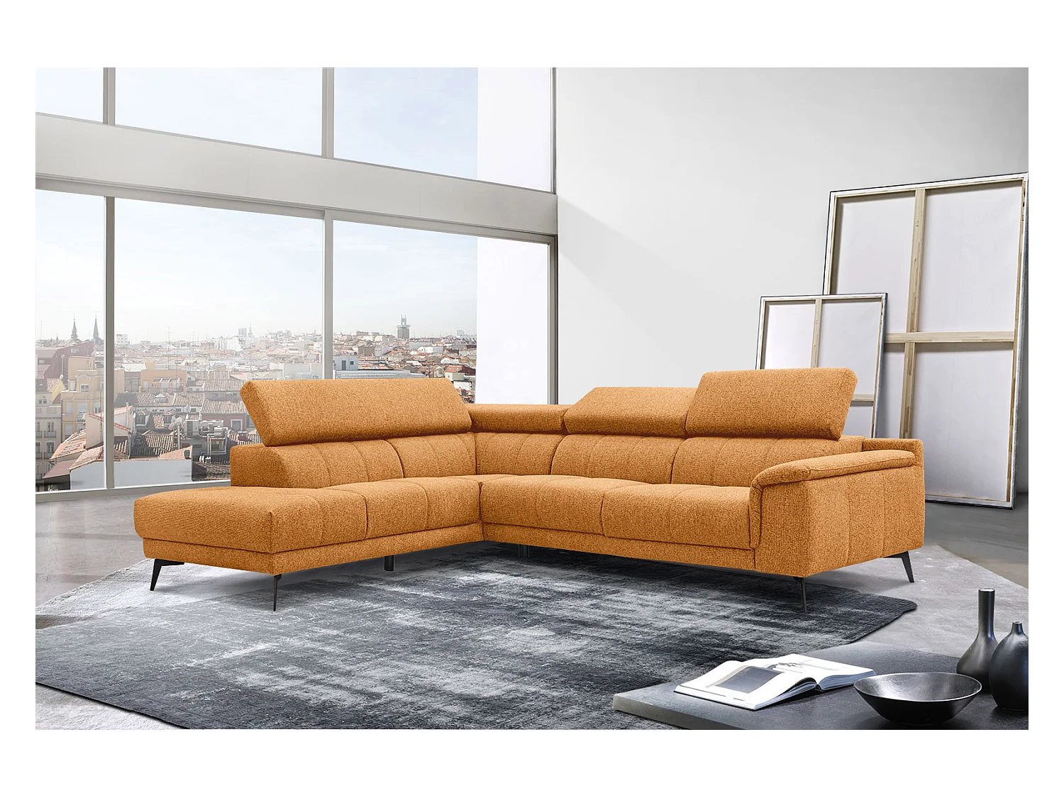 Canapé d'angle gauche 5 places tissu orange - Fiero