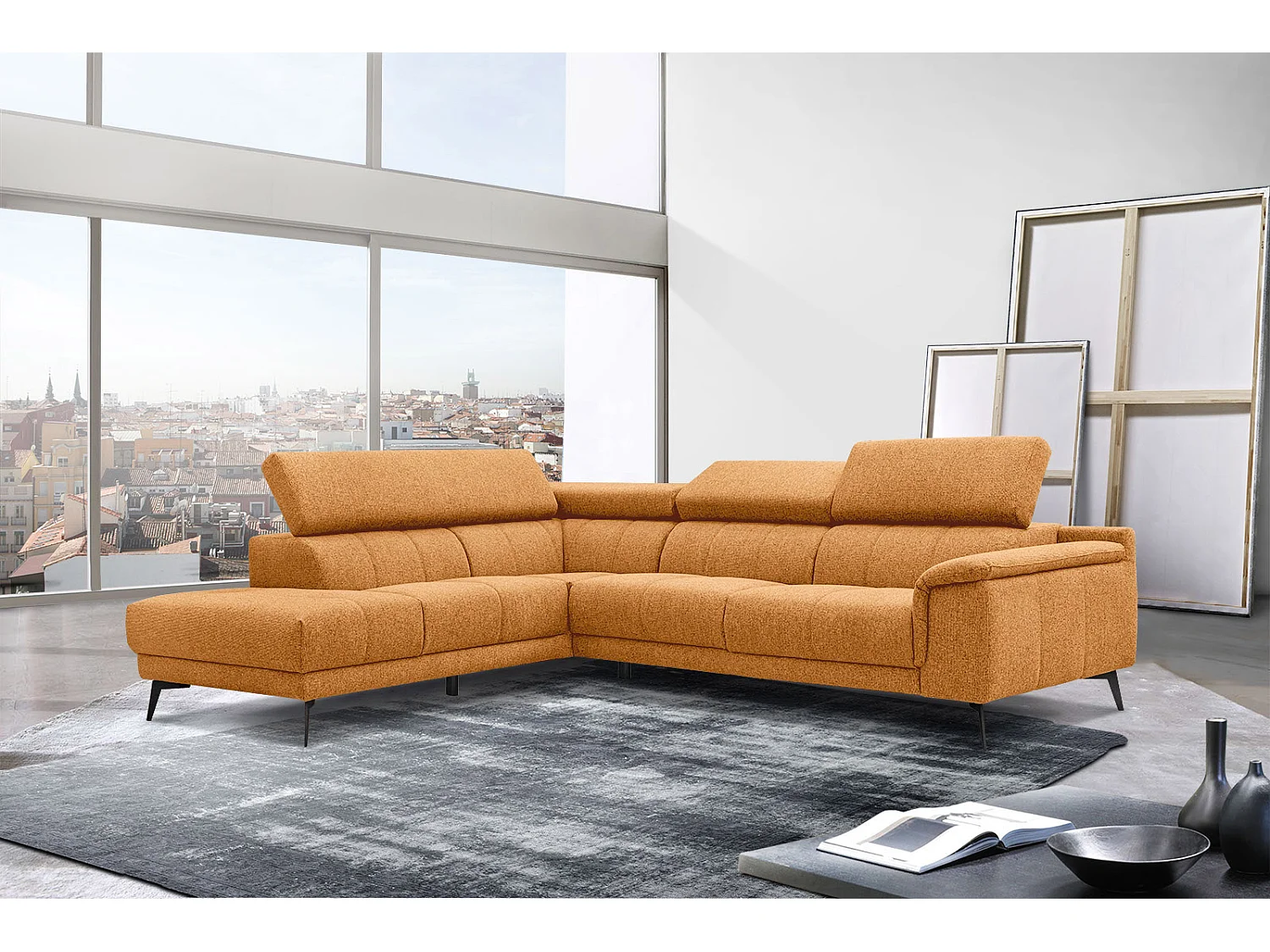 FIERO Ecksofa 5-Sitzer links mit verstellbare Kopfstützen, orange