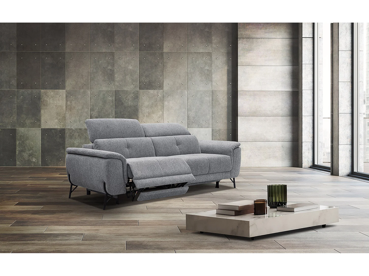AVENA Sofa 3-Sitzer mit 2 Relaxfunktionen und verstellbare Kopfstützen, grau