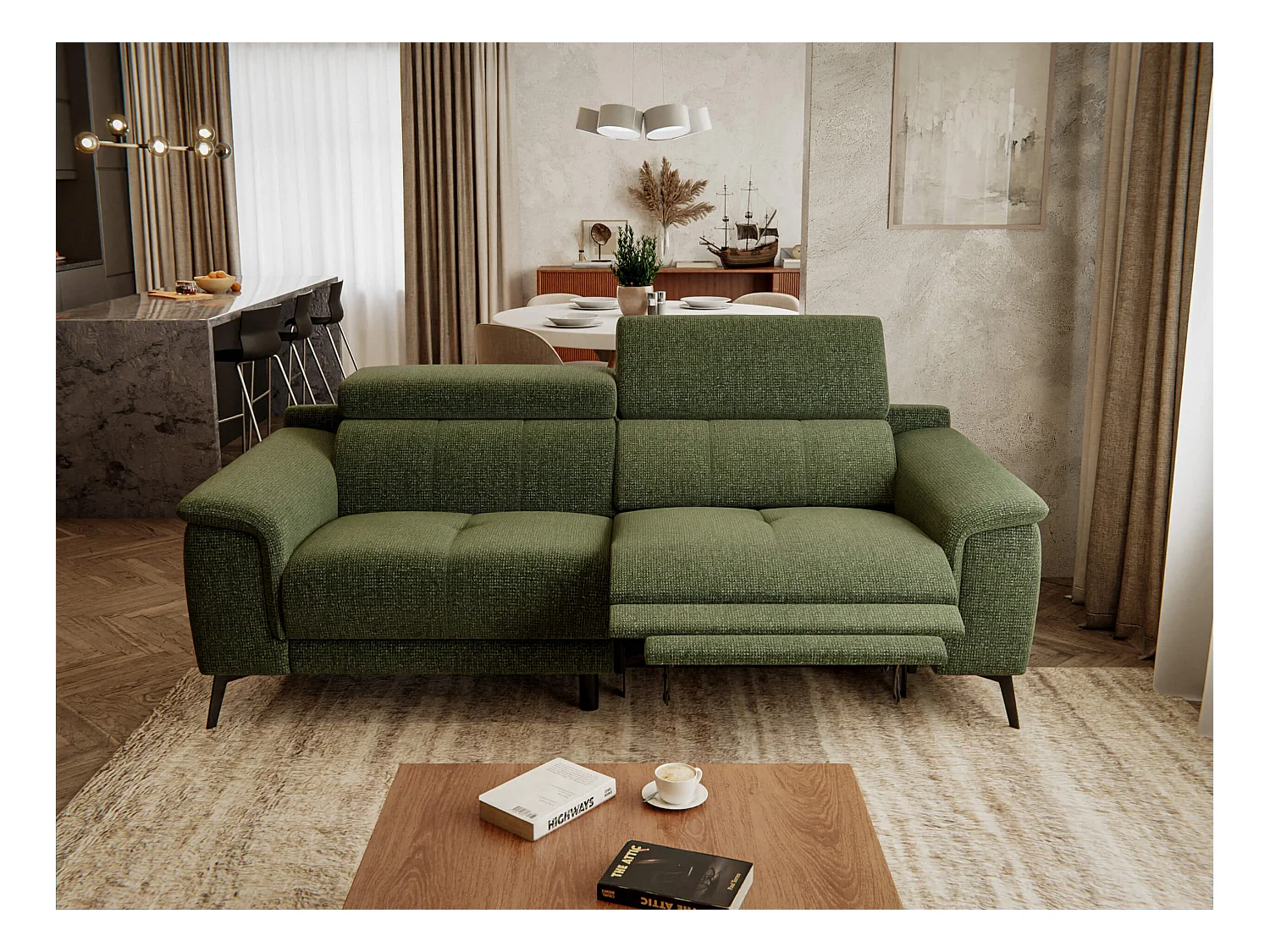 Canapé droit Fiero 3 places avec un relax électrique côté droit tissu vert