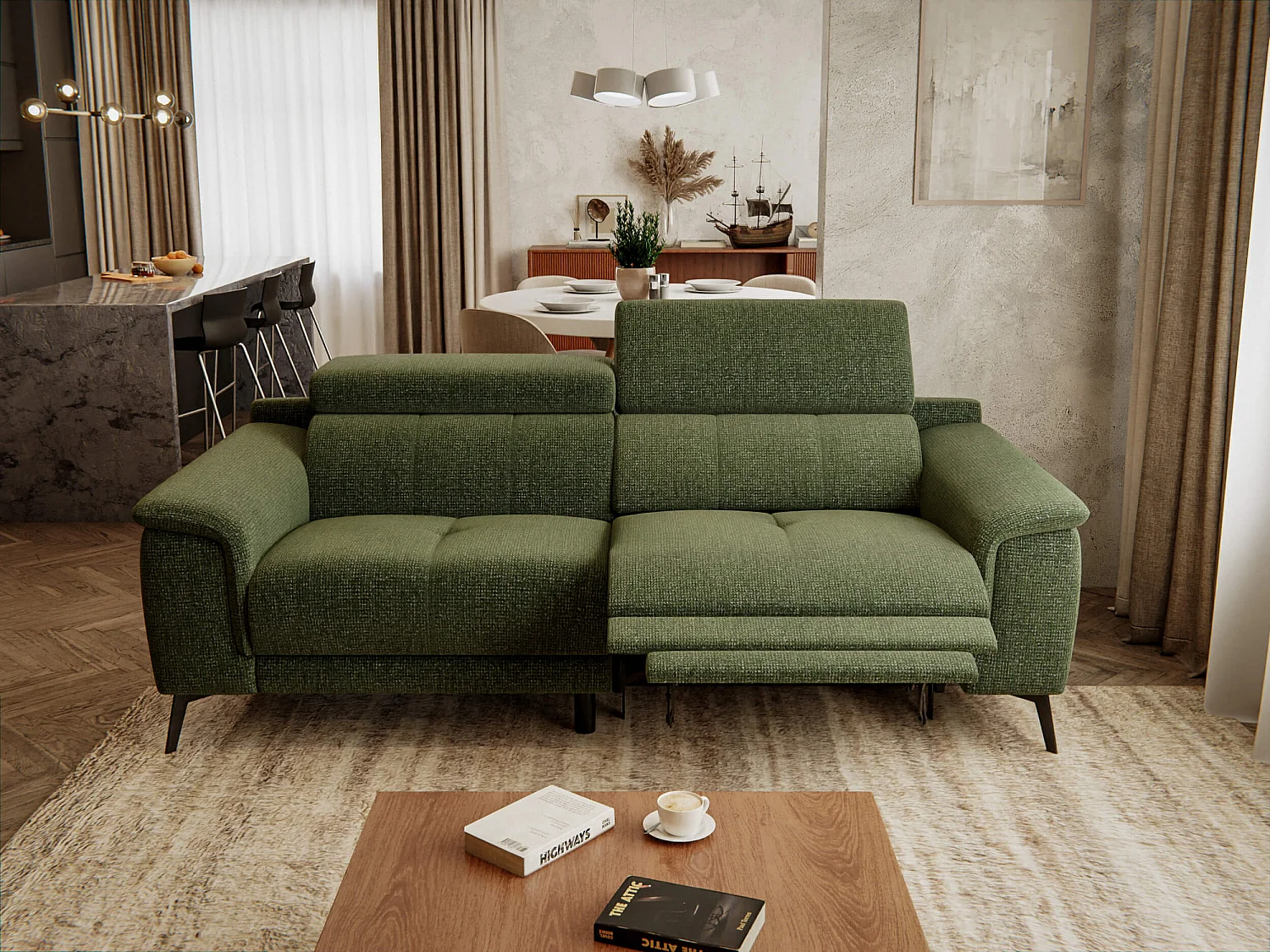 FIERO Sofa 3-Sitzer mit 1 Relaxfunktion und verstellbare Kopfstützen, olive