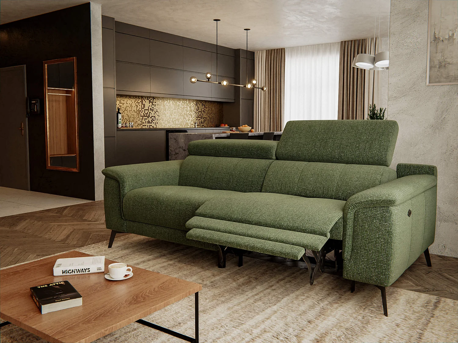 FIERO Sofa 3-Sitzer mit 1 Relaxfunktion und verstellbare Kopfstützen, olive