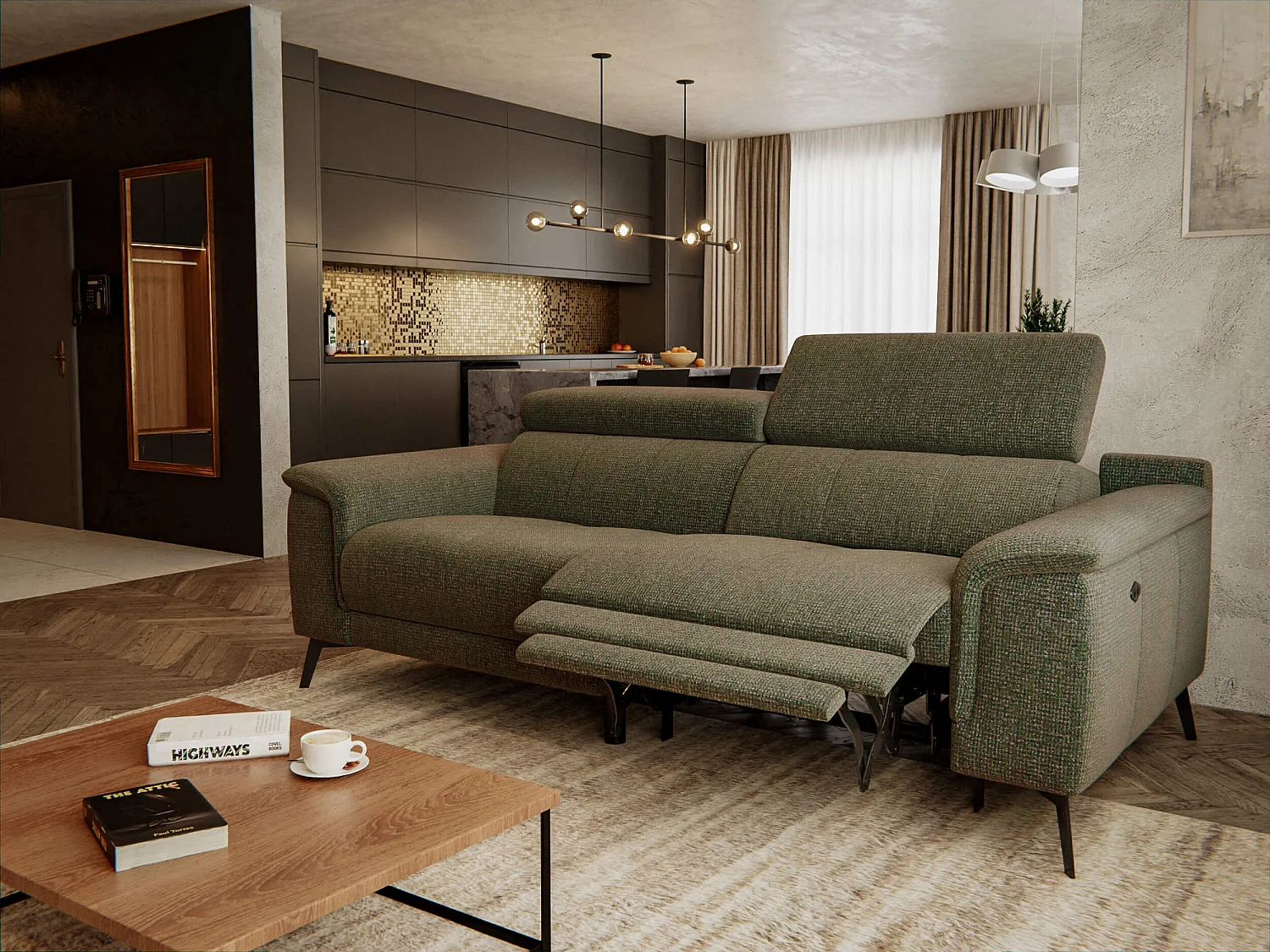 Canapé droit Fiero 3 places avec un relax électrique côté droit tissu vert