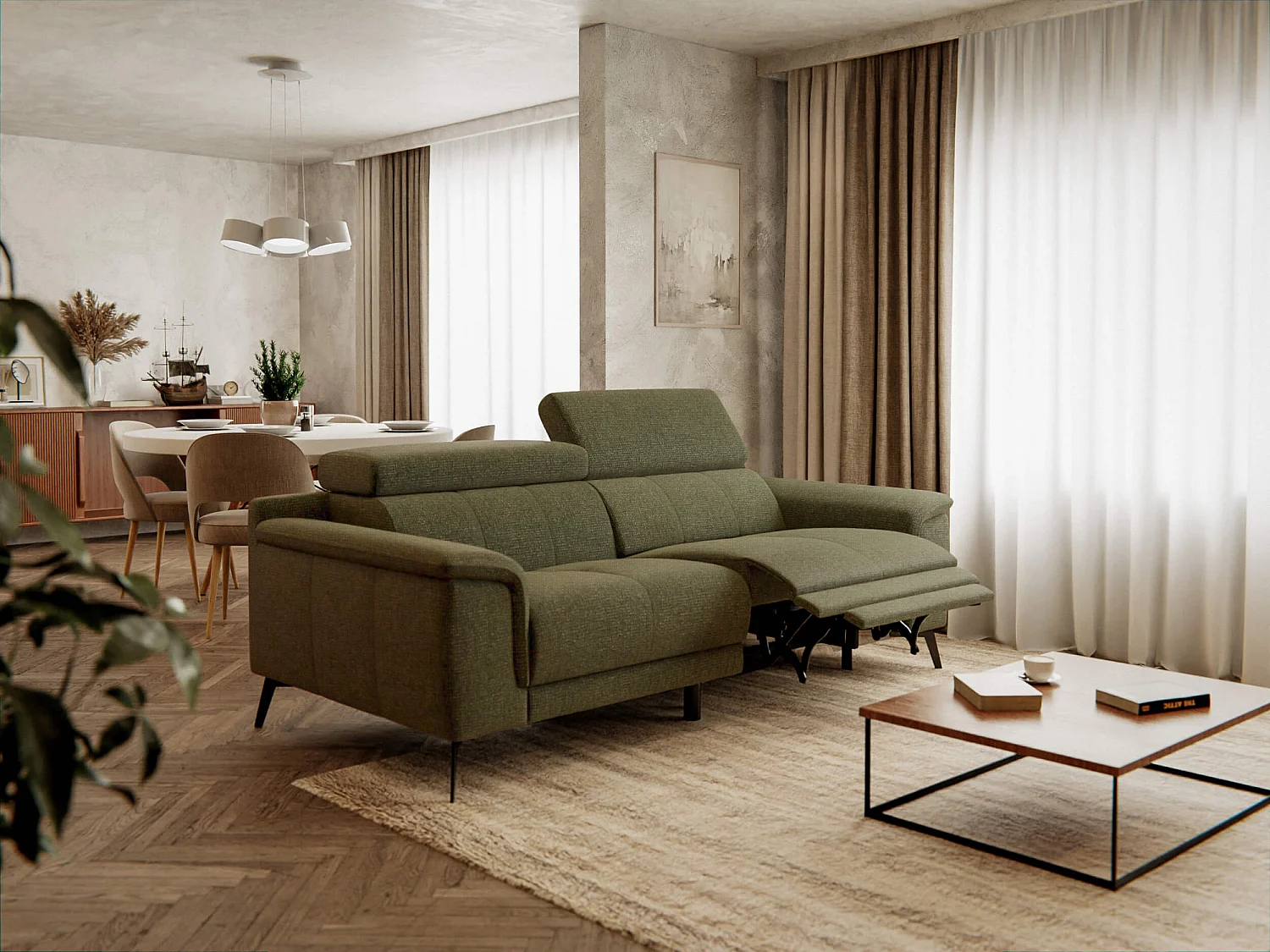 Canapé droit Fiero 3 places avec un relax électrique côté droit tissu vert