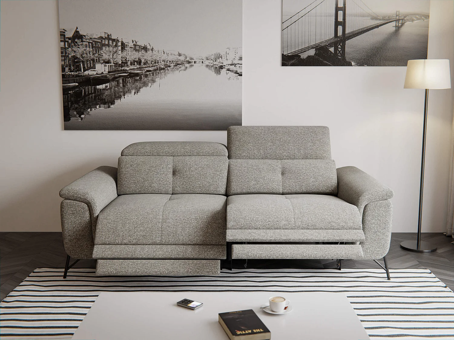 Canapé droit 3 places avec 2 relax électriques tissu taupe - AVENA