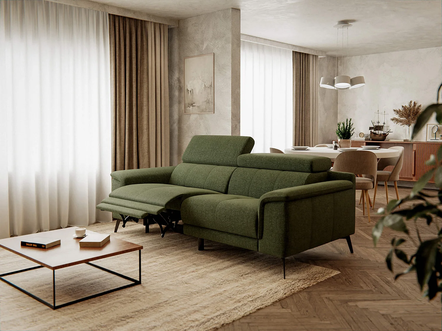 FIERO Sofa 3-Sitzer mit 1 Relaxfunktion und verstellbare Kopfstützen, olive