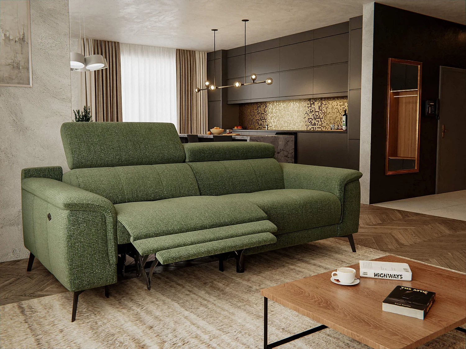 FIERO Sofa 3-Sitzer mit 1 Relaxfunktion und verstellbare Kopfstützen, olive