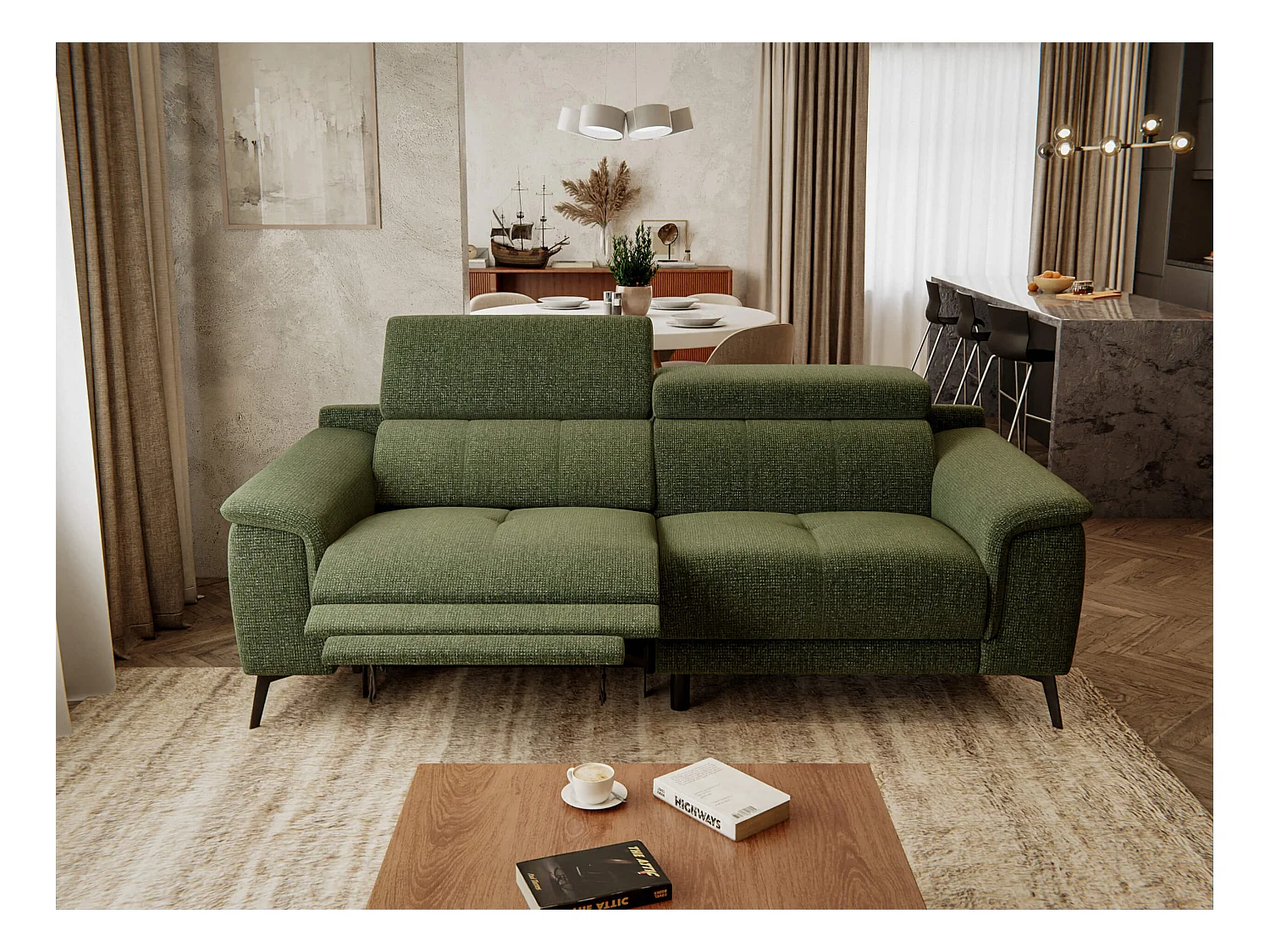 Canapé droit Fiero 3 places avec un relax électrique côté gauche tissu vert