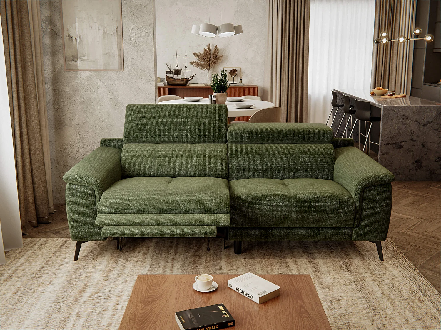 FIERO Sofa 3-Sitzer mit 1 Relaxfunktion und verstellbare Kopfstützen, olive