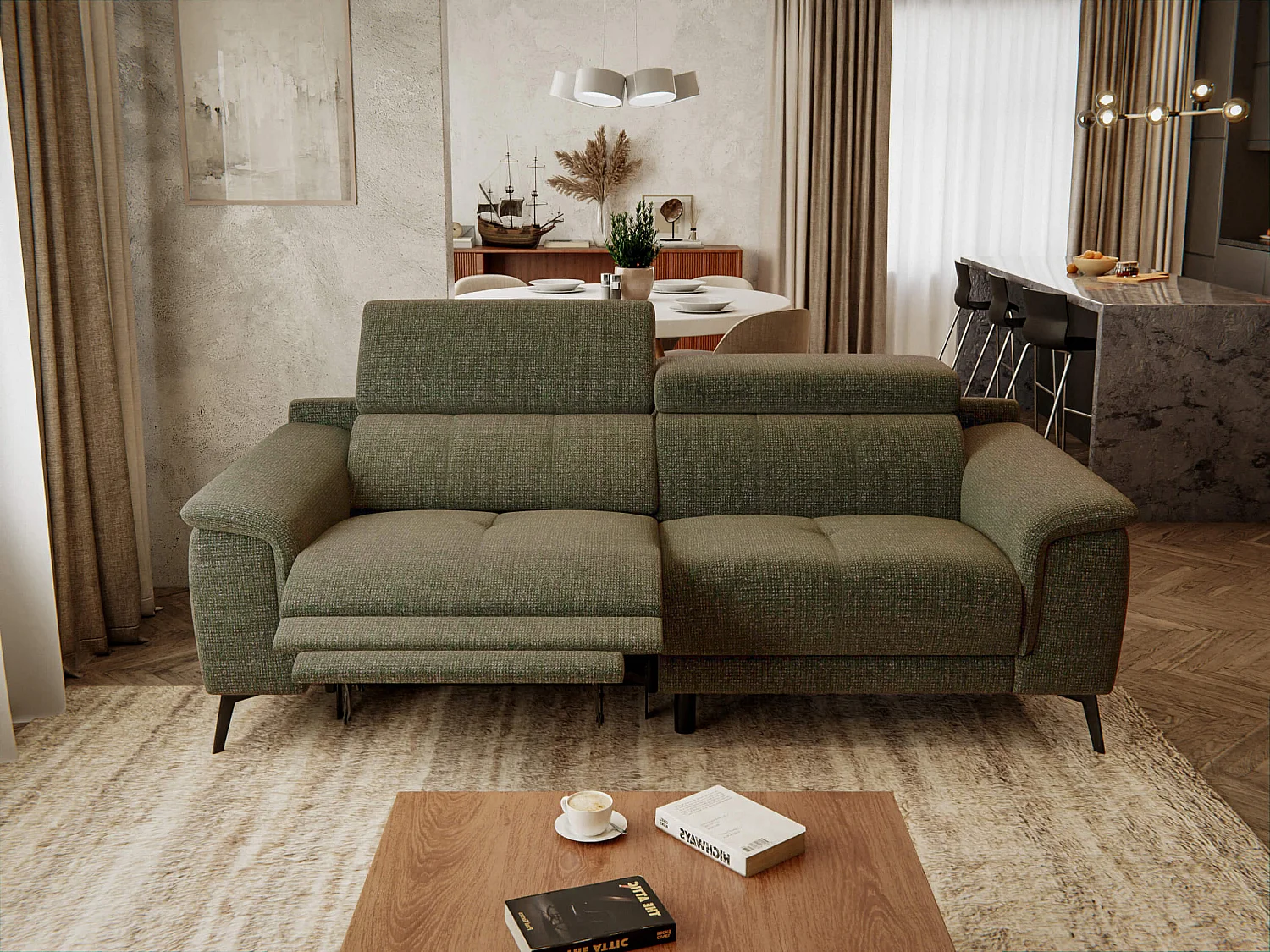 FIERO Sofa 3-Sitzer mit 1 Relaxfunktion und verstellbare Kopfstützen, olive