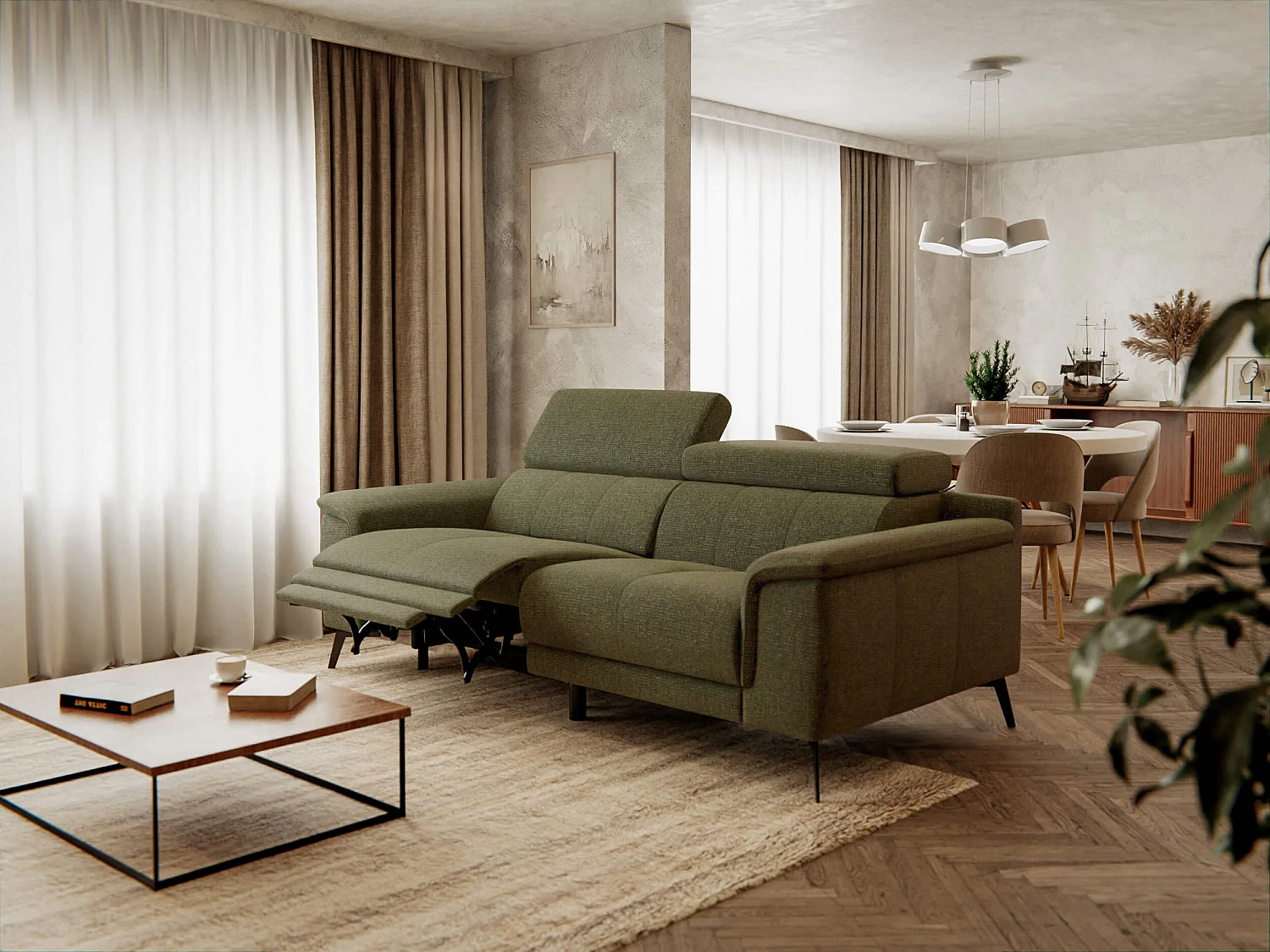 FIERO Sofa 3-Sitzer mit 1 Relaxfunktion und verstellbare Kopfstützen, olive