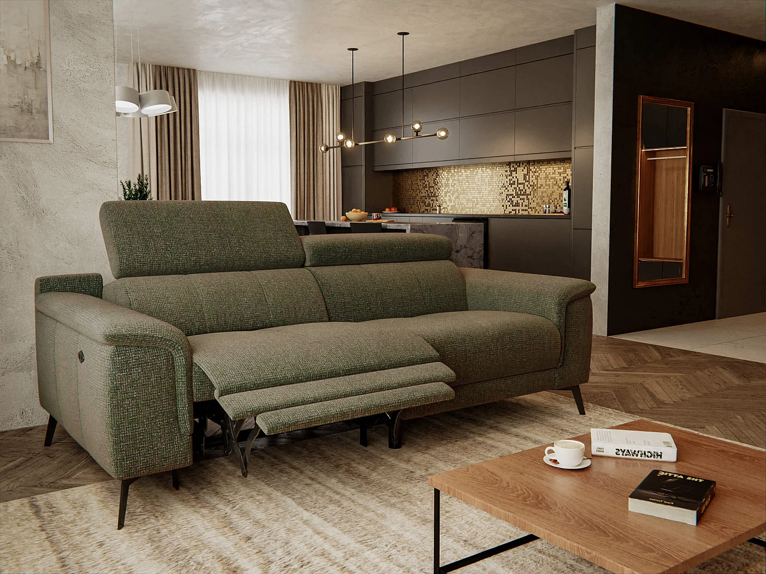 FIERO Sofa 3-Sitzer mit 1 Relaxfunktion und verstellbare Kopfstützen, olive