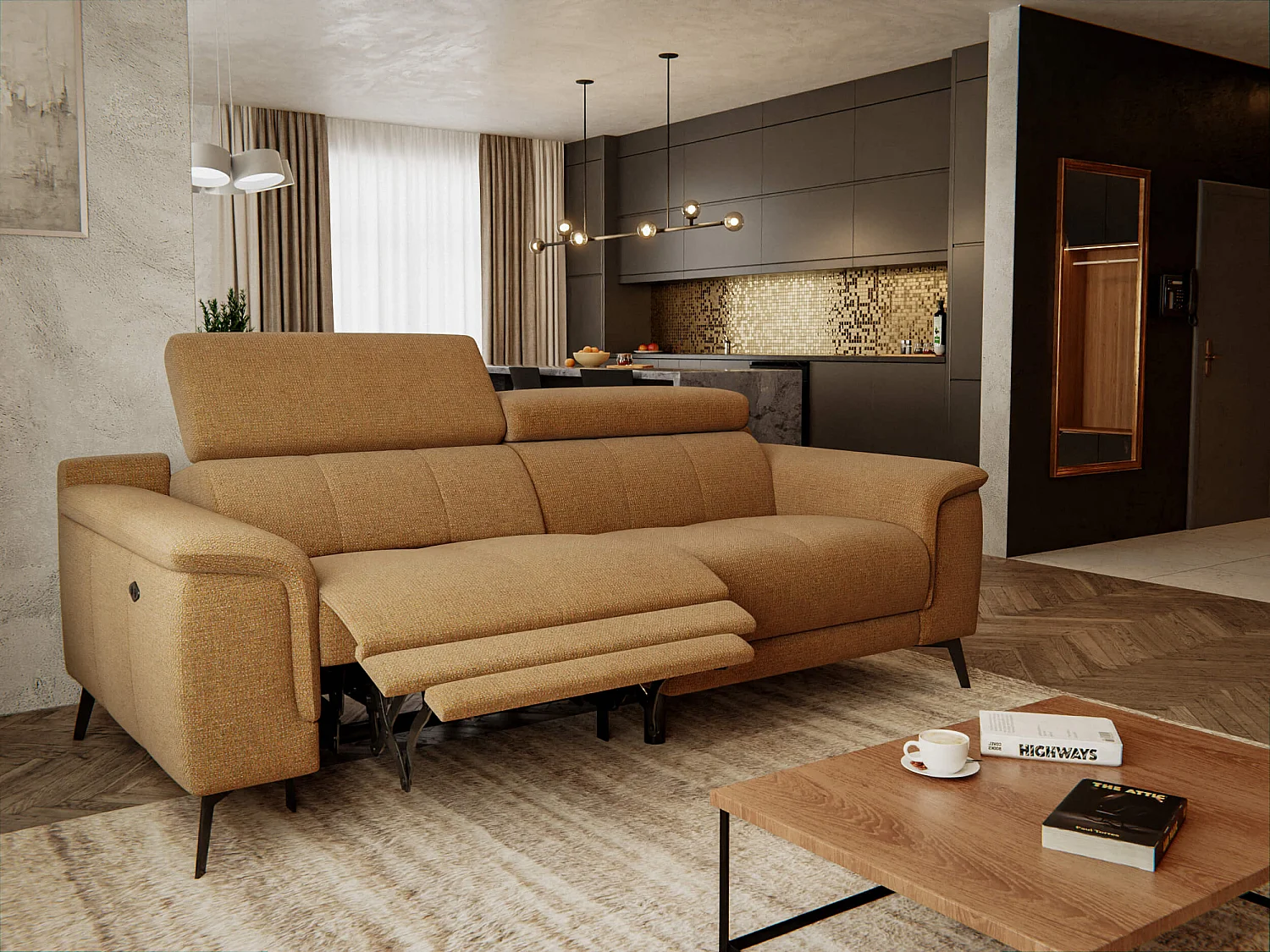 FIERO Sofa 3-Sitzer mit 1 Relaxfunktion und verstellbare Kopfstützen, orange