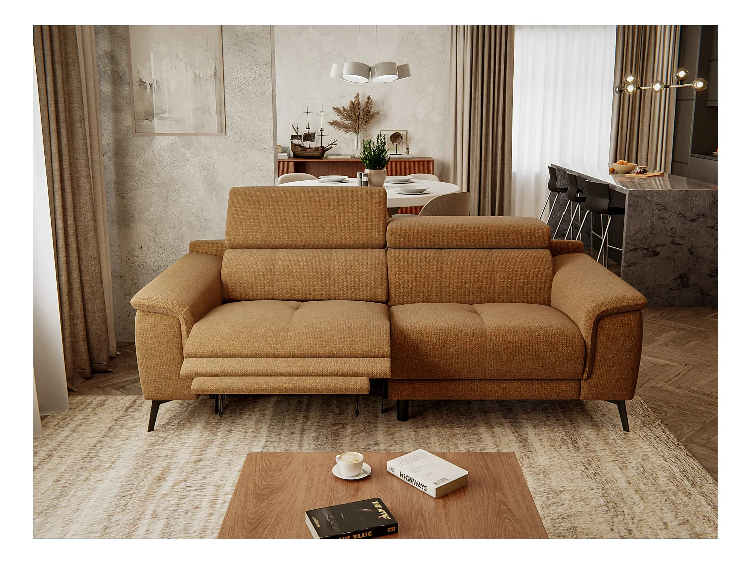 Canapé droit Fiero 3 places avec un relax électrique côté gauche tissu orange