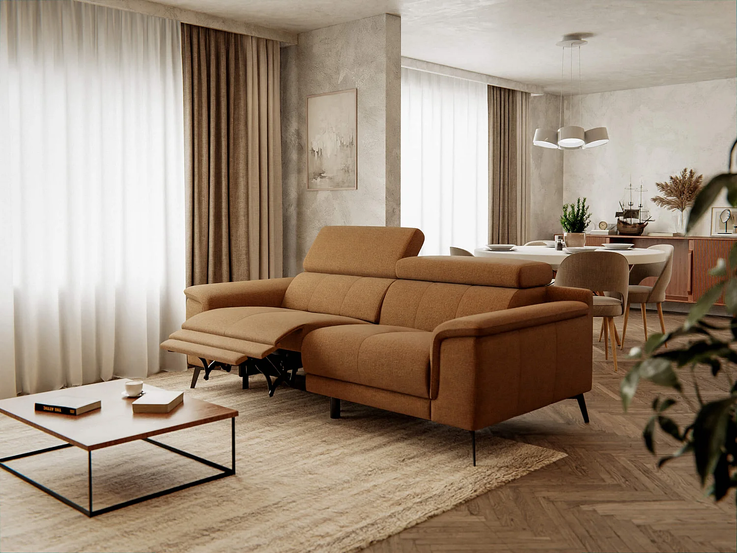 Canapé droit Fiero 3 places avec un relax électrique côté gauche tissu orange