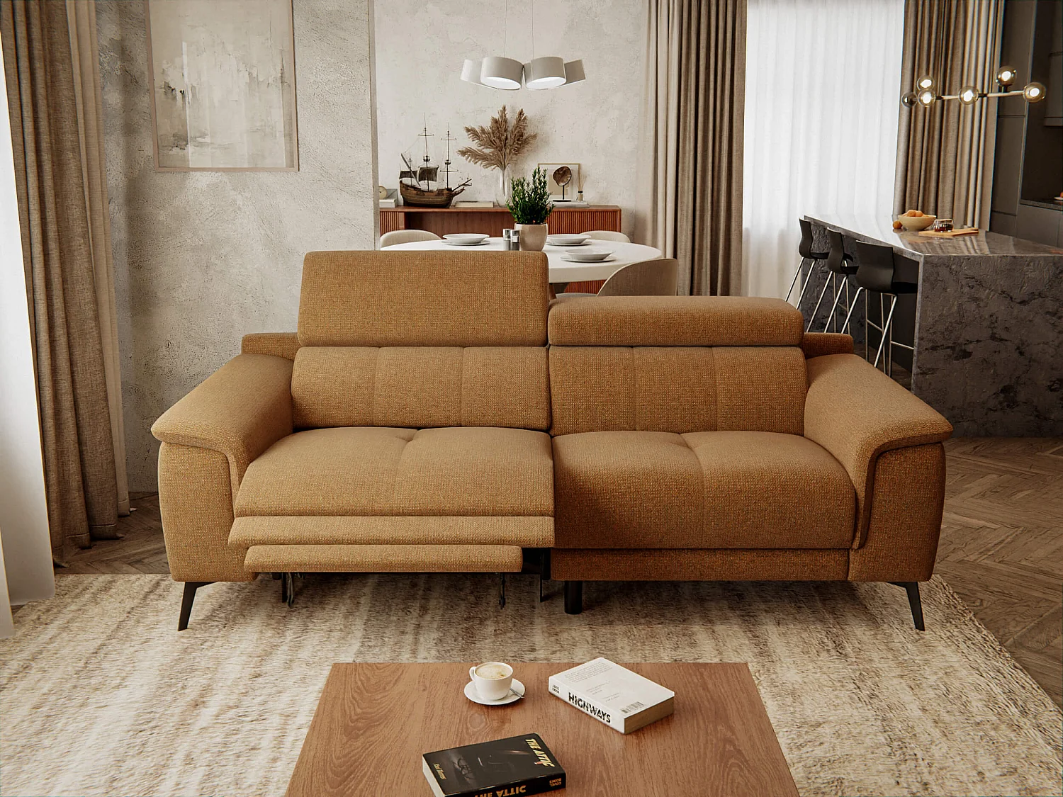 FIERO Sofa 3-Sitzer mit 1 Relaxfunktion und verstellbare Kopfstützen, orange