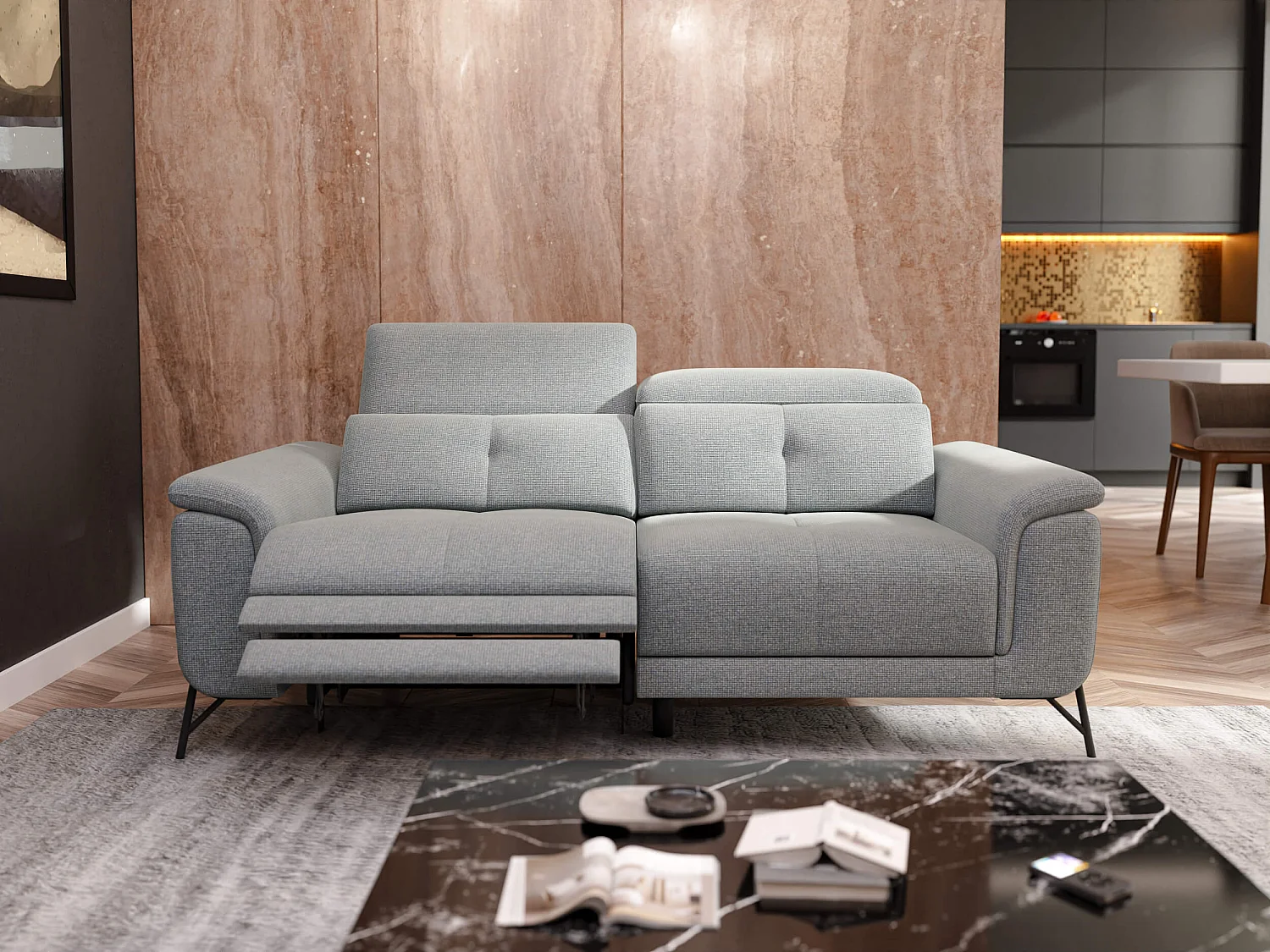 AVENA Sofa 3-Sitzer mit 1 Relaxfunktion und verstellbare Kopfstützen, silbergrau