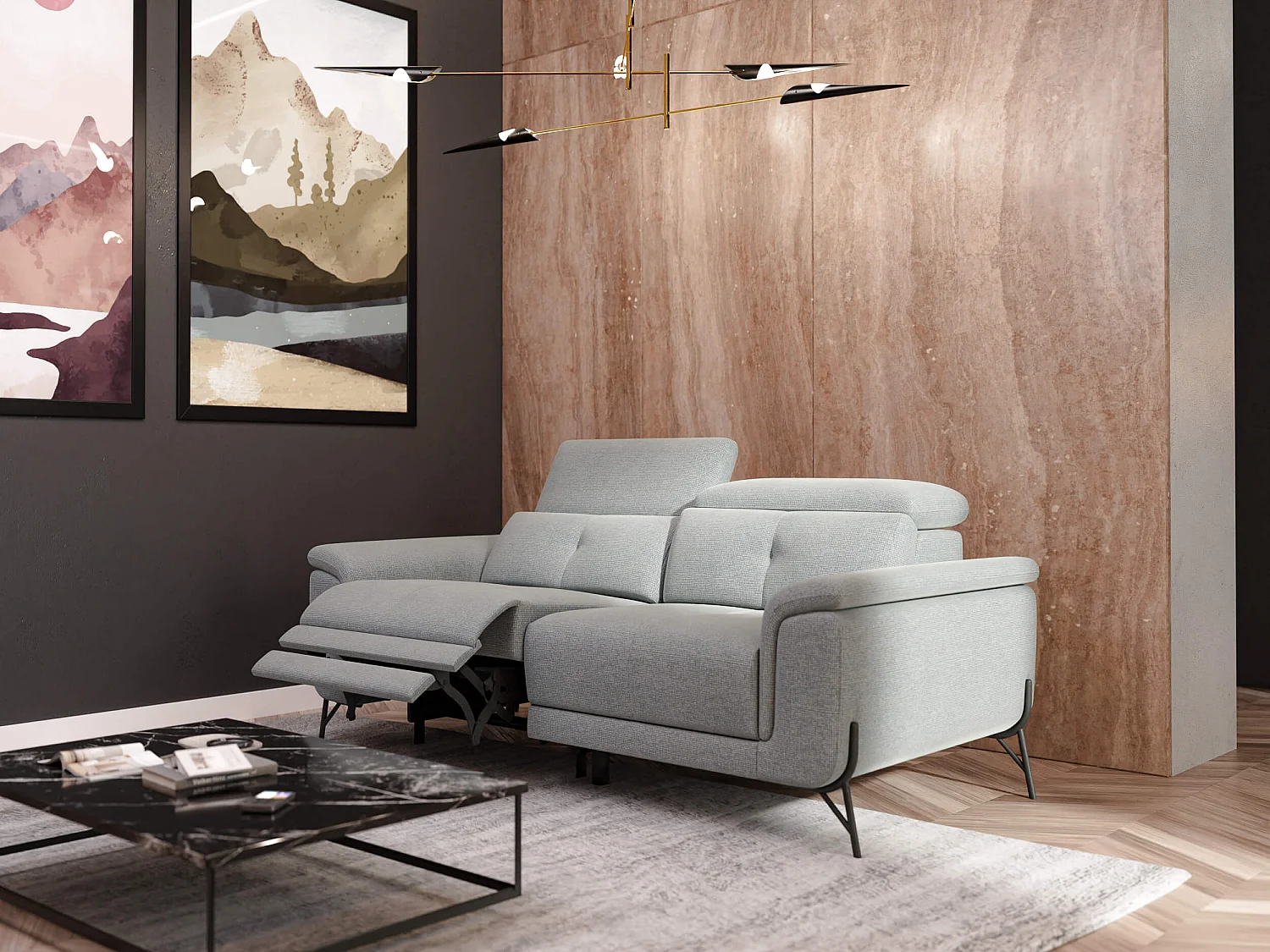 AVENA Sofa 3-Sitzer mit 1 Relaxfunktion und verstellbare Kopfstützen, silbergrau