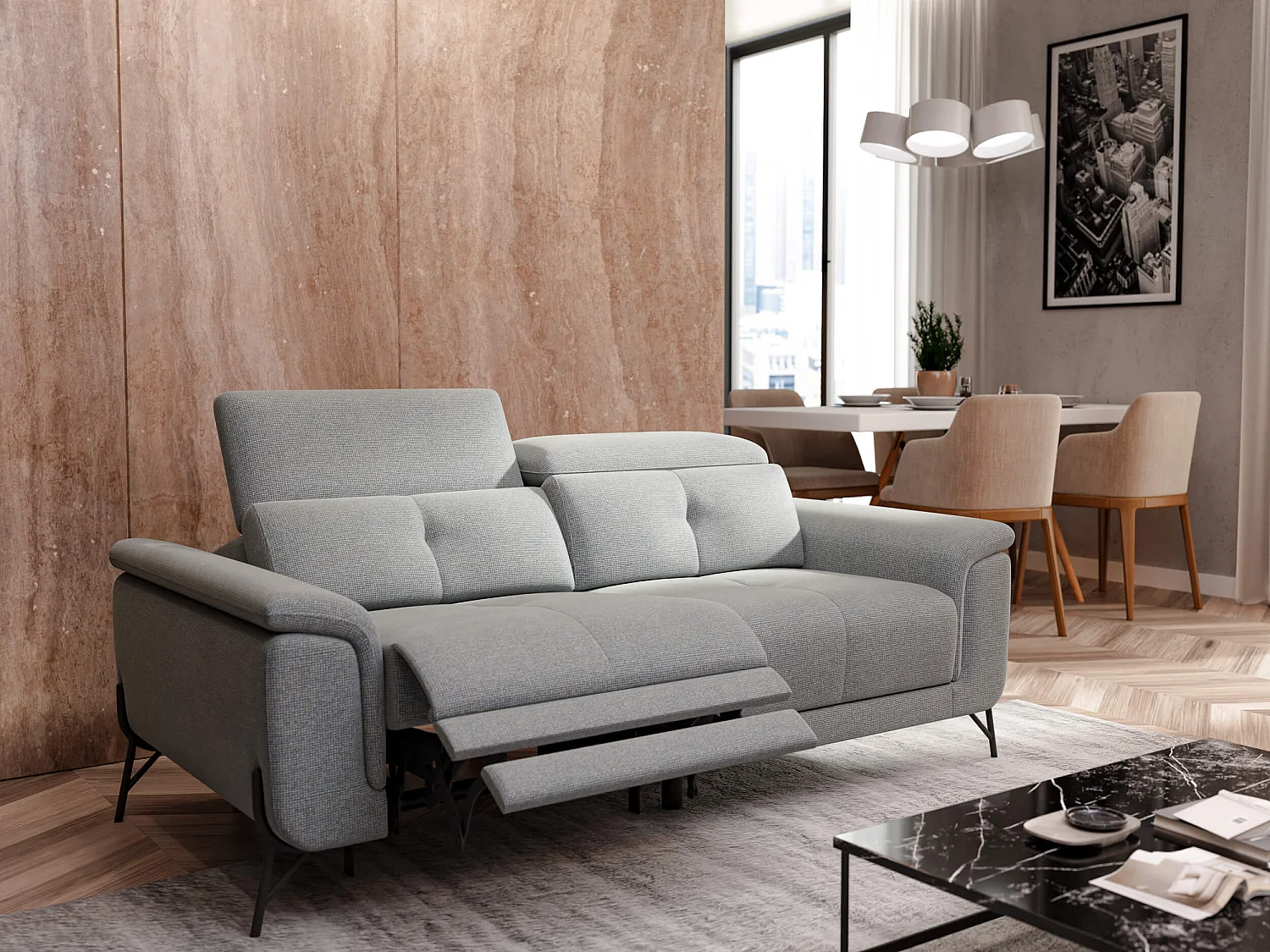 AVENA Sofa 3-Sitzer mit 1 Relaxfunktion und verstellbare Kopfstützen, silbergrau