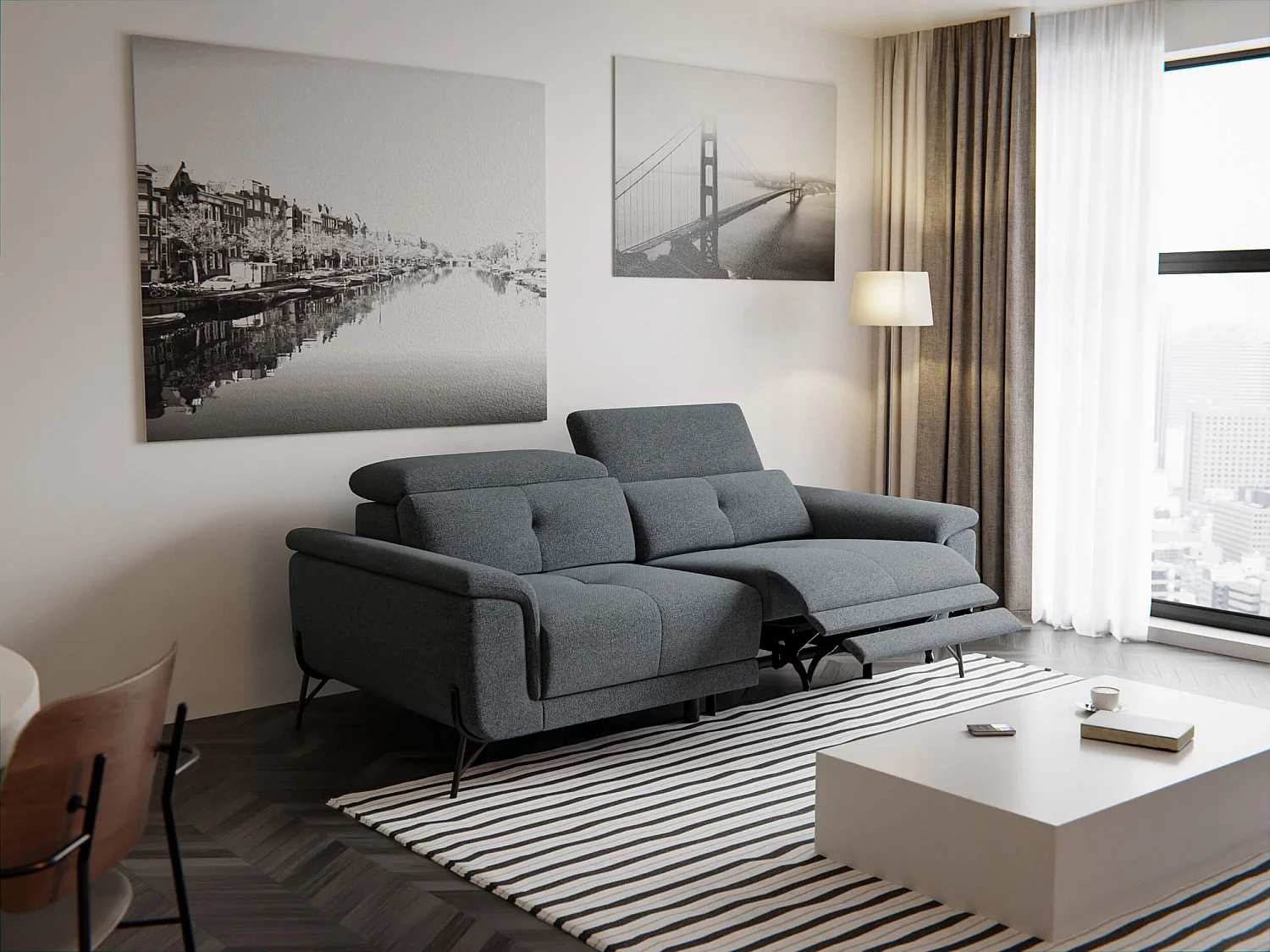 AVENA Sofa 3-Sitzer mit 1 Relaxfunktion und verstellbare Kopfstützen, dunkelgrau