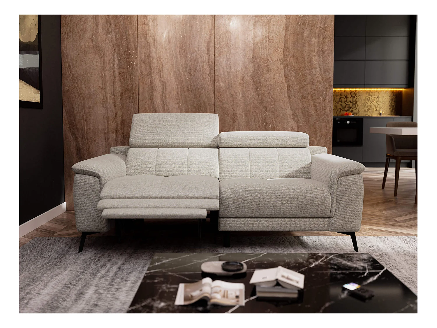 Canapé droit Fiero 3 places avec un relax électrique côté gauche tissu beige clair