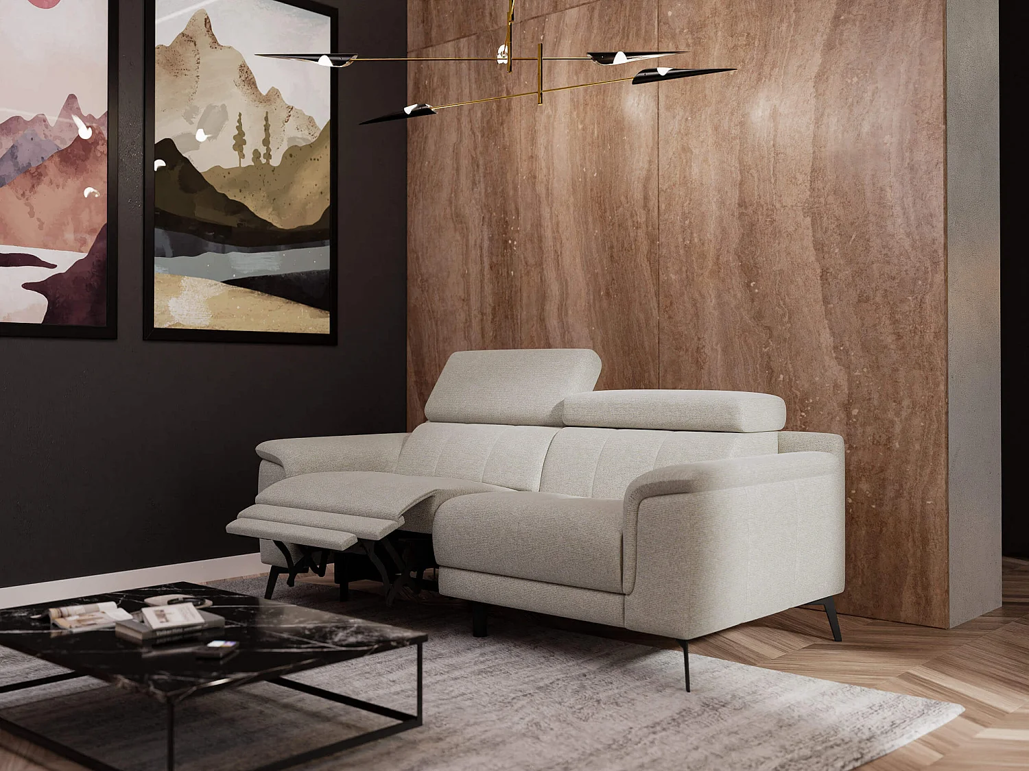 FIERO Sofa 3-Sitzer mit 1 Relaxfunktion und verstellbare Kopfstützen, creme