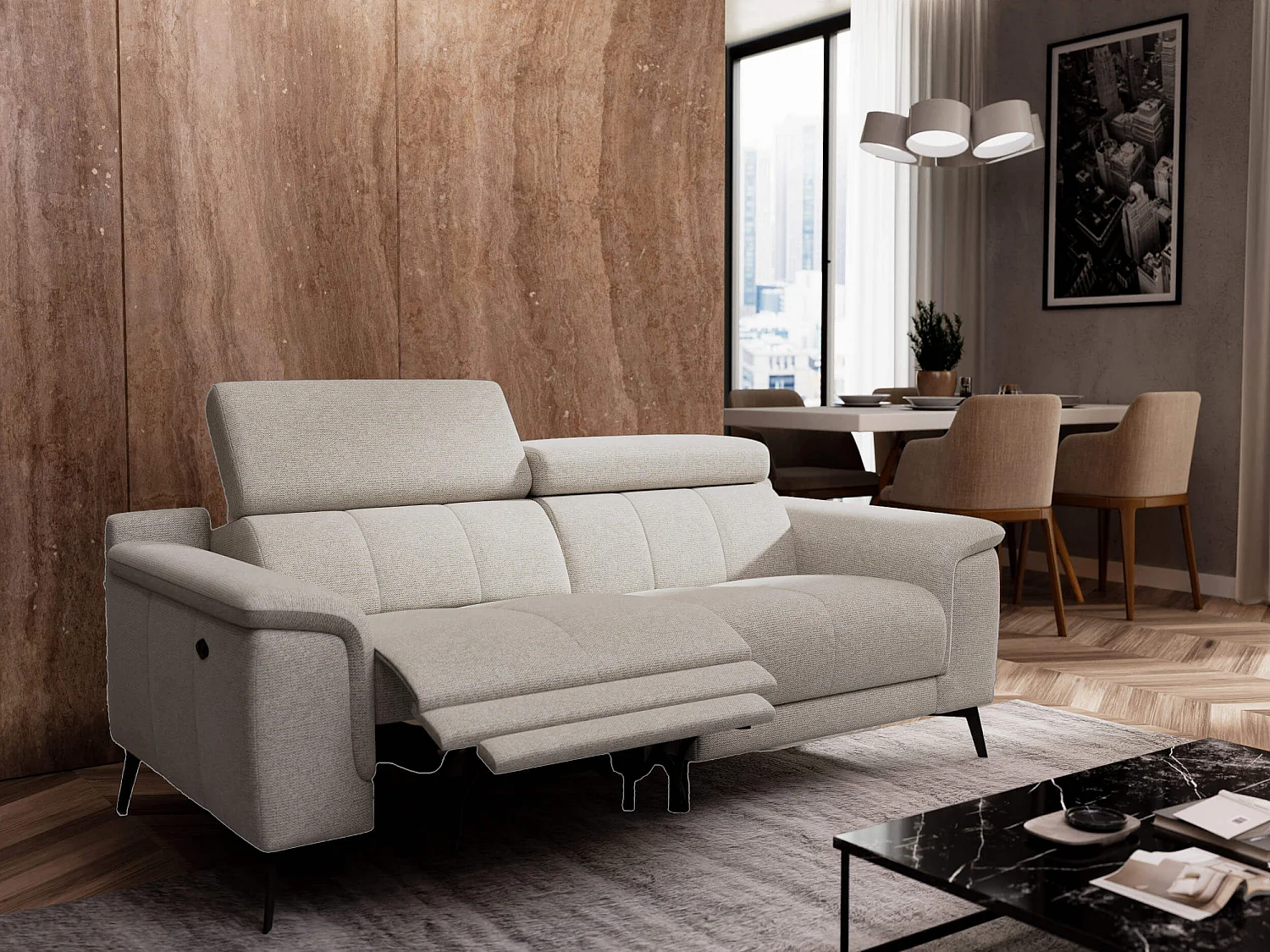 FIERO Sofa 3-Sitzer mit 1 Relaxfunktion und verstellbare Kopfstützen, creme