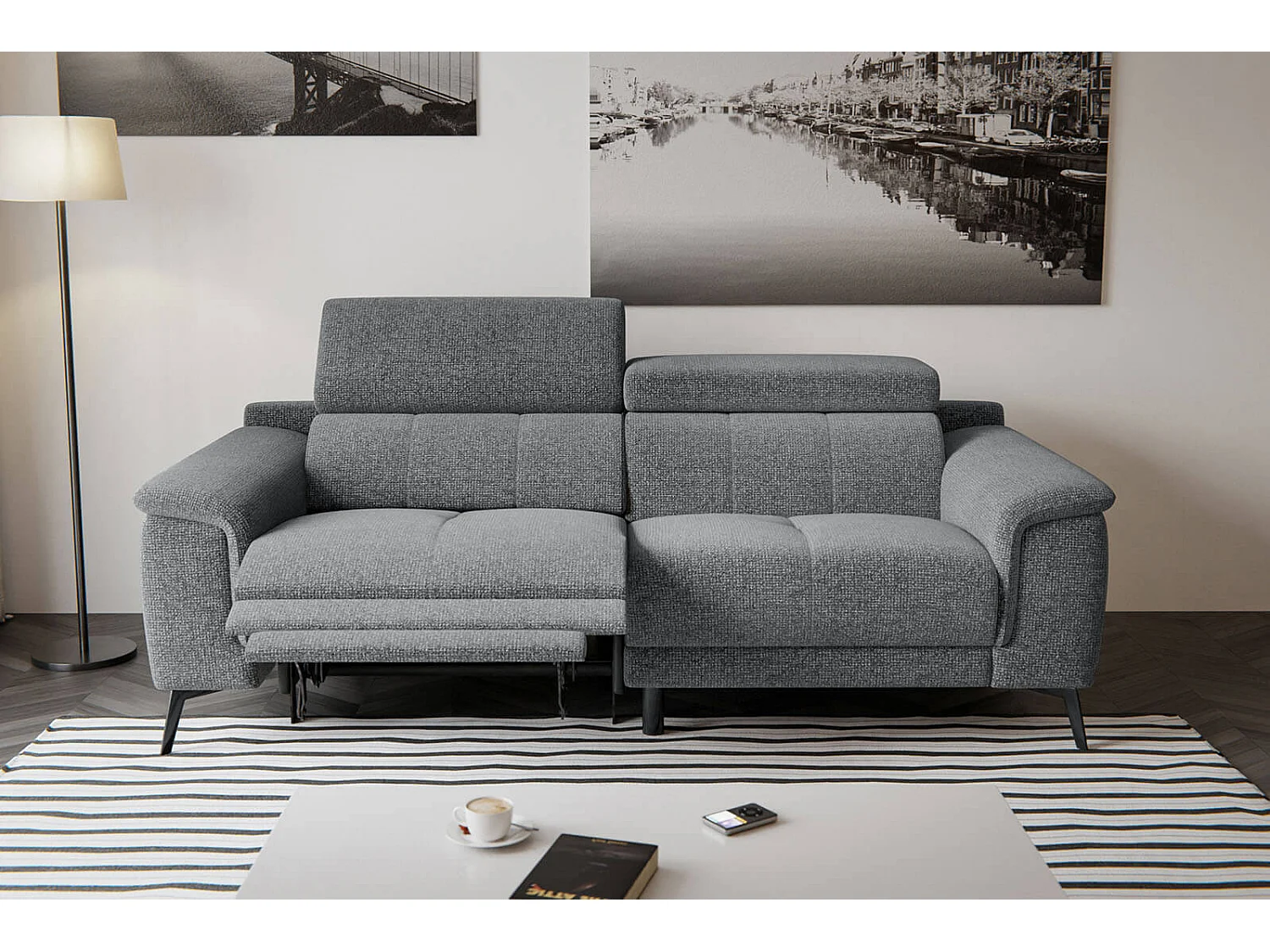 FIERO Sofa 3-Sitzer mit 1 Relaxfunktion und verstellbare Kopfstützen, grau