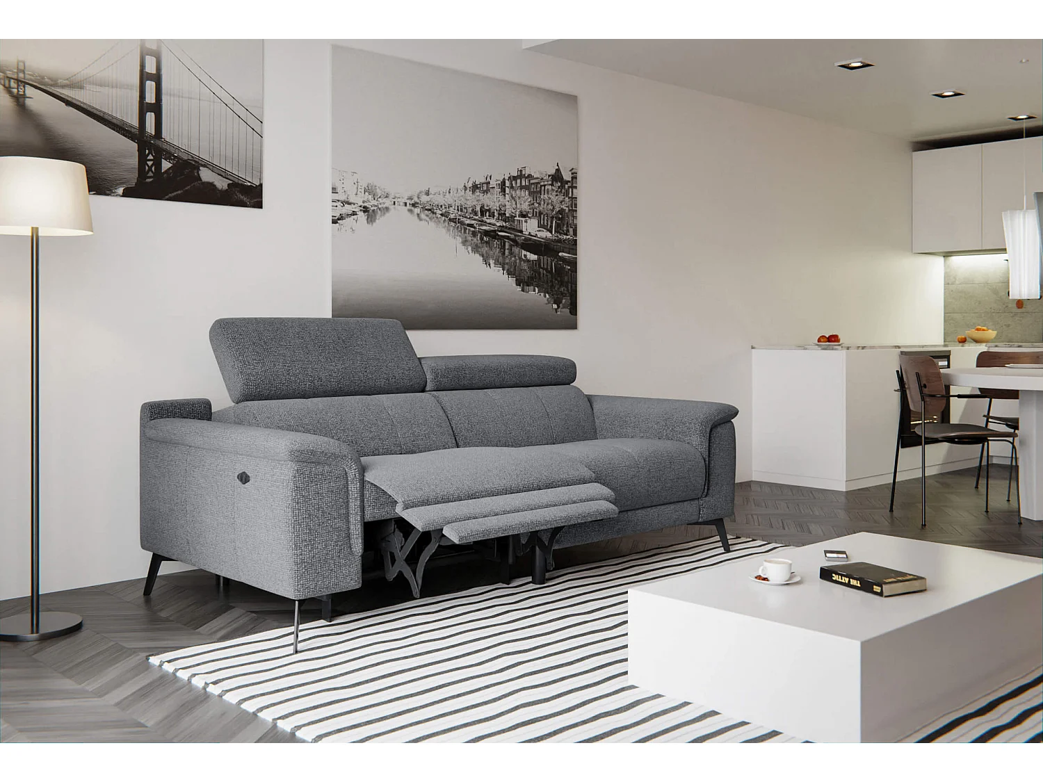 FIERO Sofa 3-Sitzer mit 1 Relaxfunktion und verstellbare Kopfstützen, grau