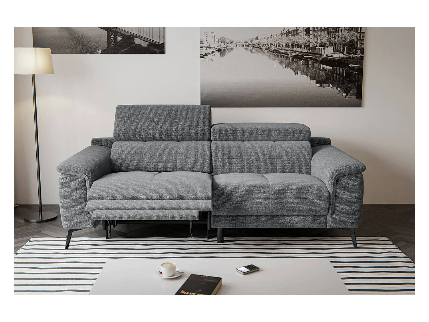 Canapé droit Fiero 3 places avec un relax électrique côté gauche tissu gris